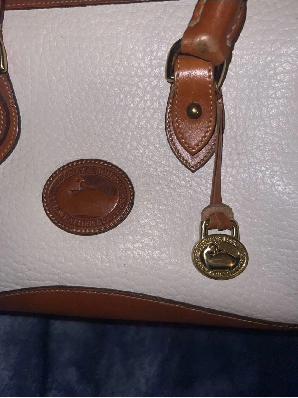 Dooney & Bourke White Pebble Leather Tote with Brown Trim and Gold Hardware
